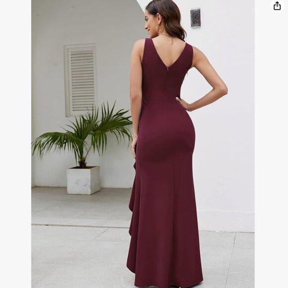 FQA Formal Elegant Evening Long Sexy V-Neck Split Wrap Dress (Burgundy, M) - Picture 2 of 4